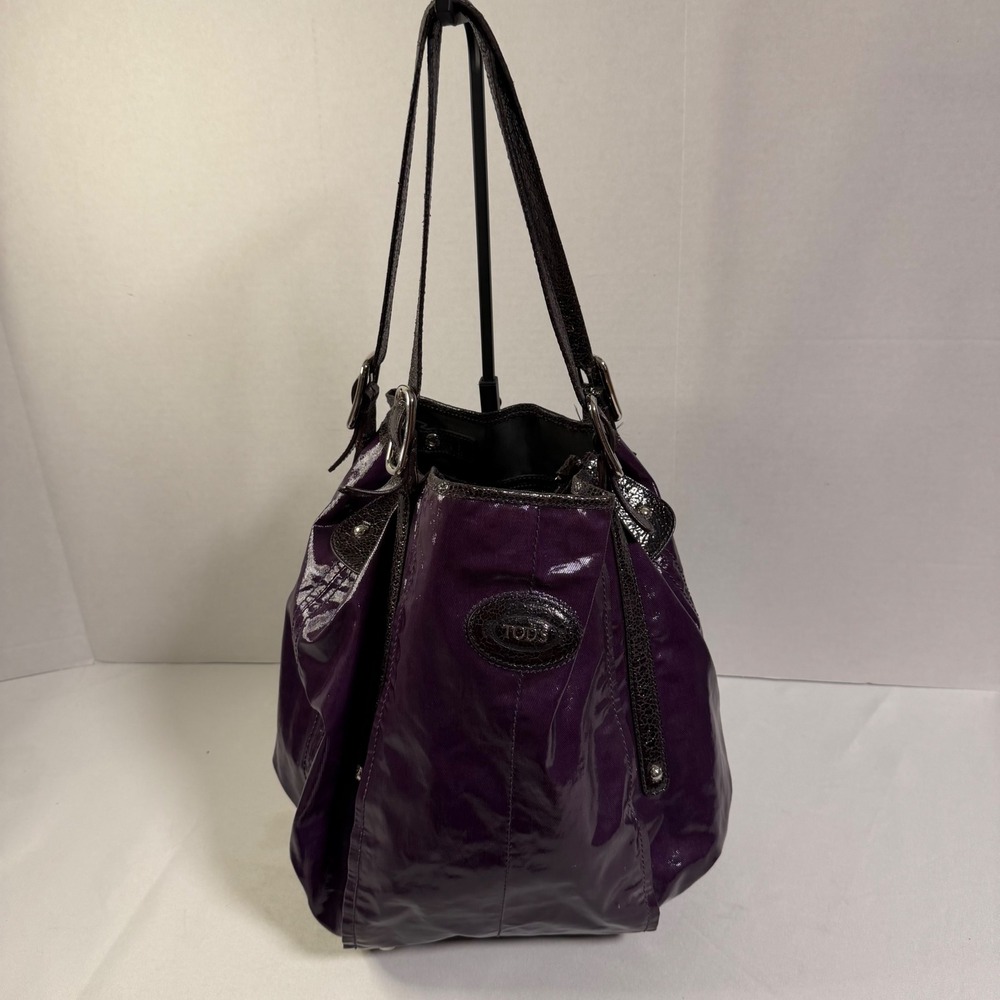 Tod's Shoulder Bag Large Purple Patent  Leather Trim Hobo Tote + Luxury Italian